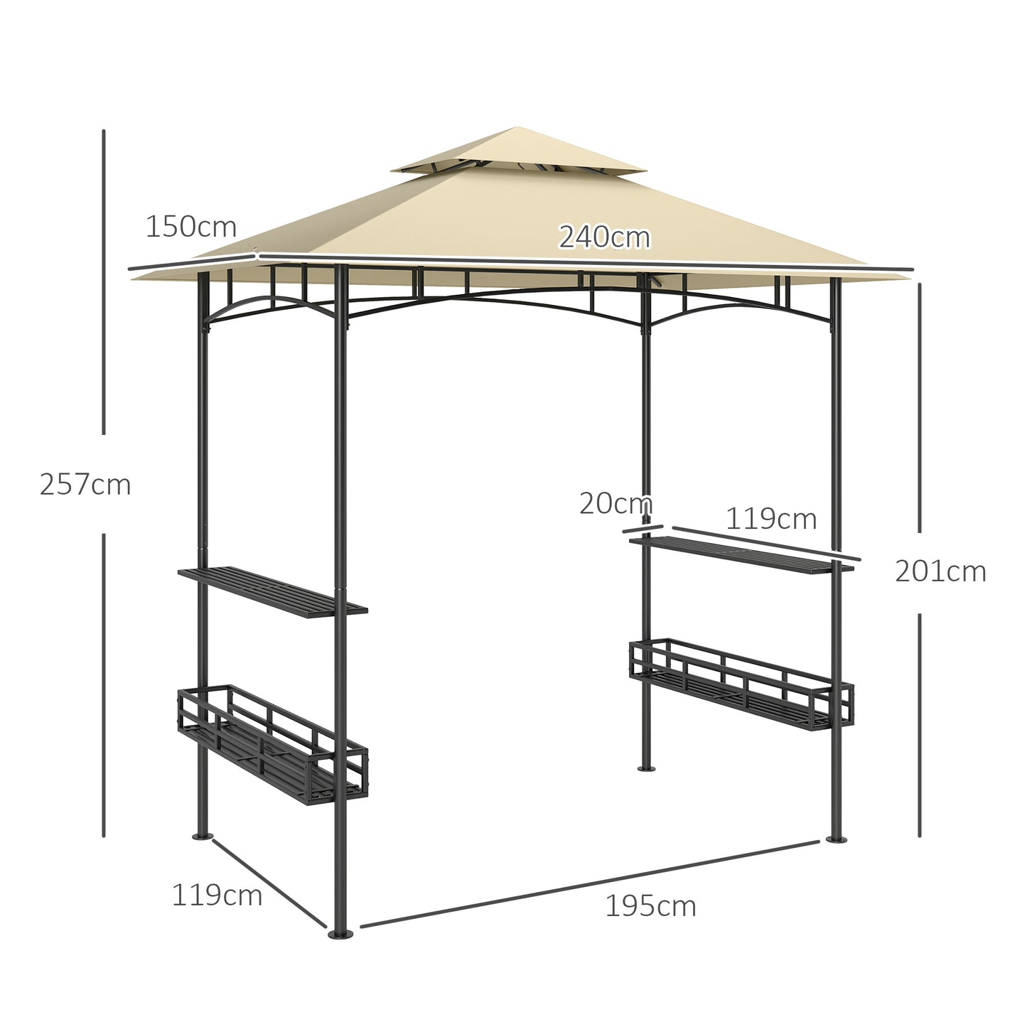 Outsunny 8x5 Outdoor Grill Gazebo Canopy With Double Tier Two Side Shelves Storage Baskets Beige