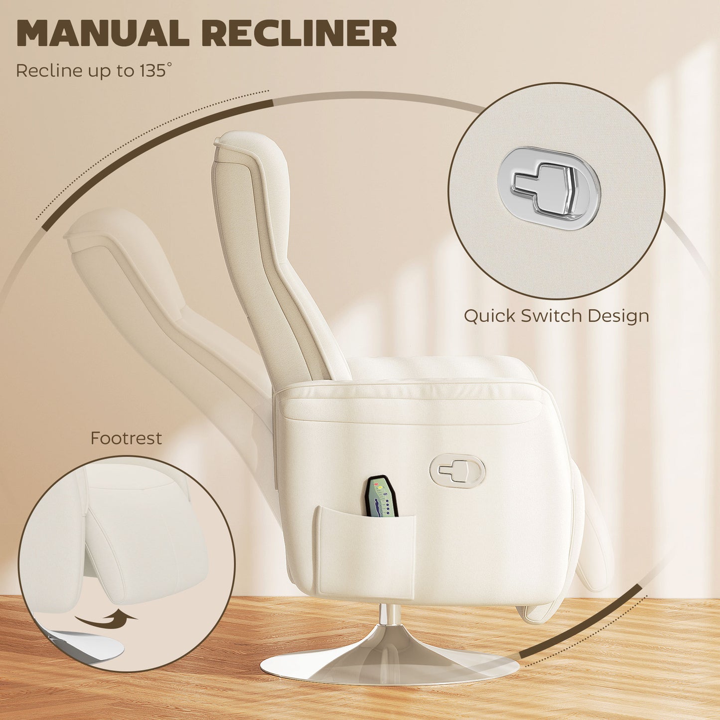 HOMCOM 10 Point Massage Recliner Armchair Cream With 135 Degree Back Recline And Retractable Footrest