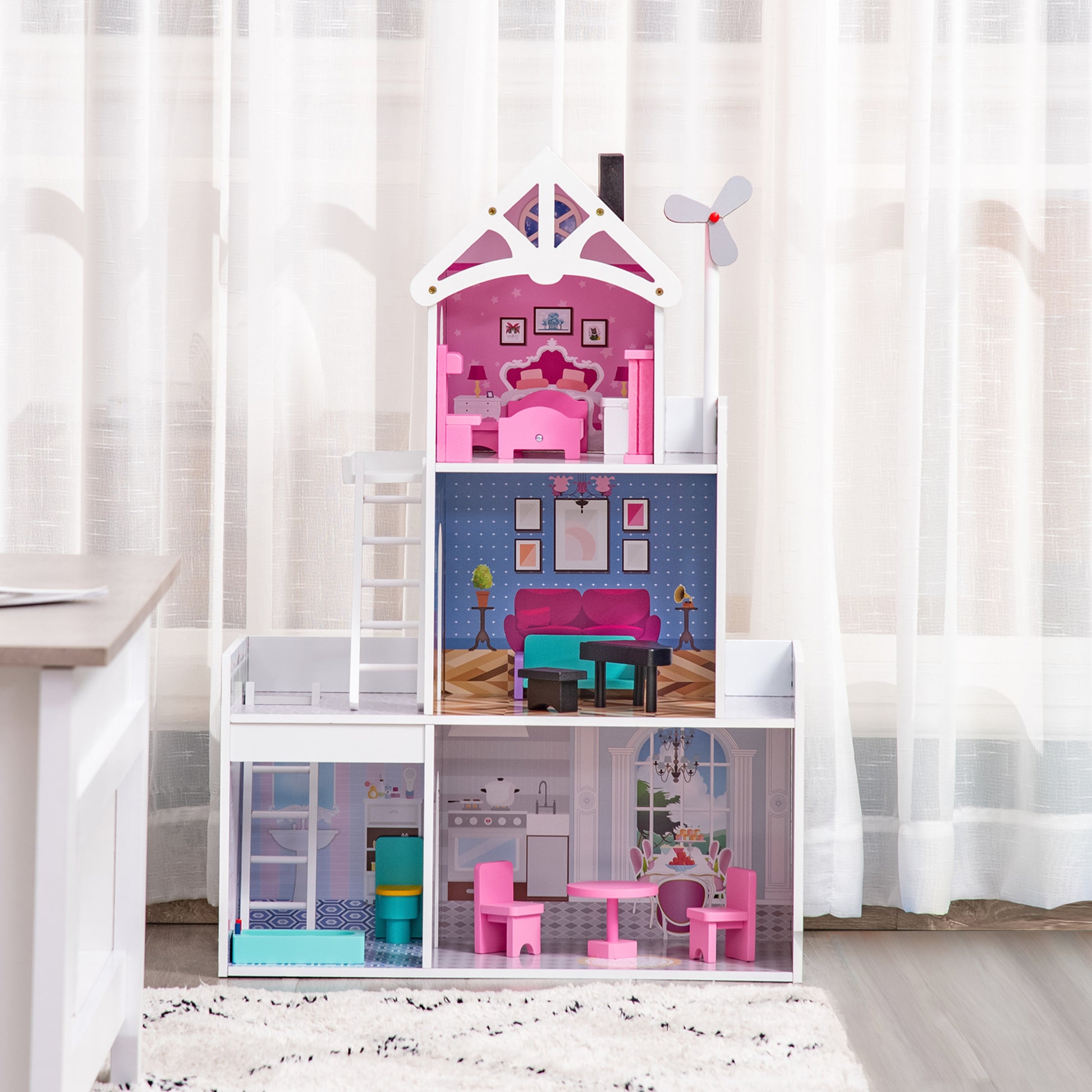 HOMCOM Multi-Level Pink Dollhouse Villa with Furniture Set for Toddler Girls - ALL4U RETAILER LTD