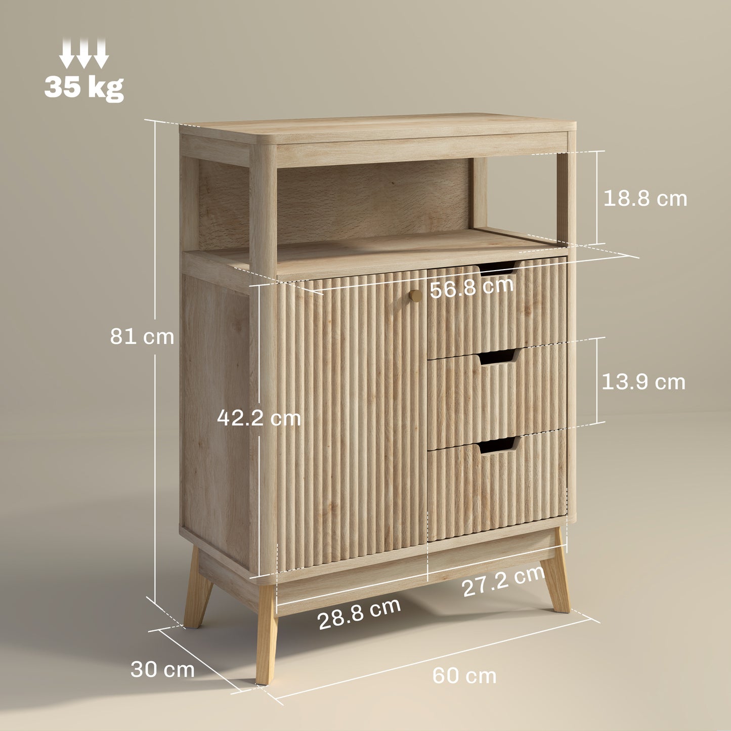 HOMCOM Small Sideboard With Drawers And Adjustable Shelf Natural Wood Finish Fluted Front Panels And Angled Legs