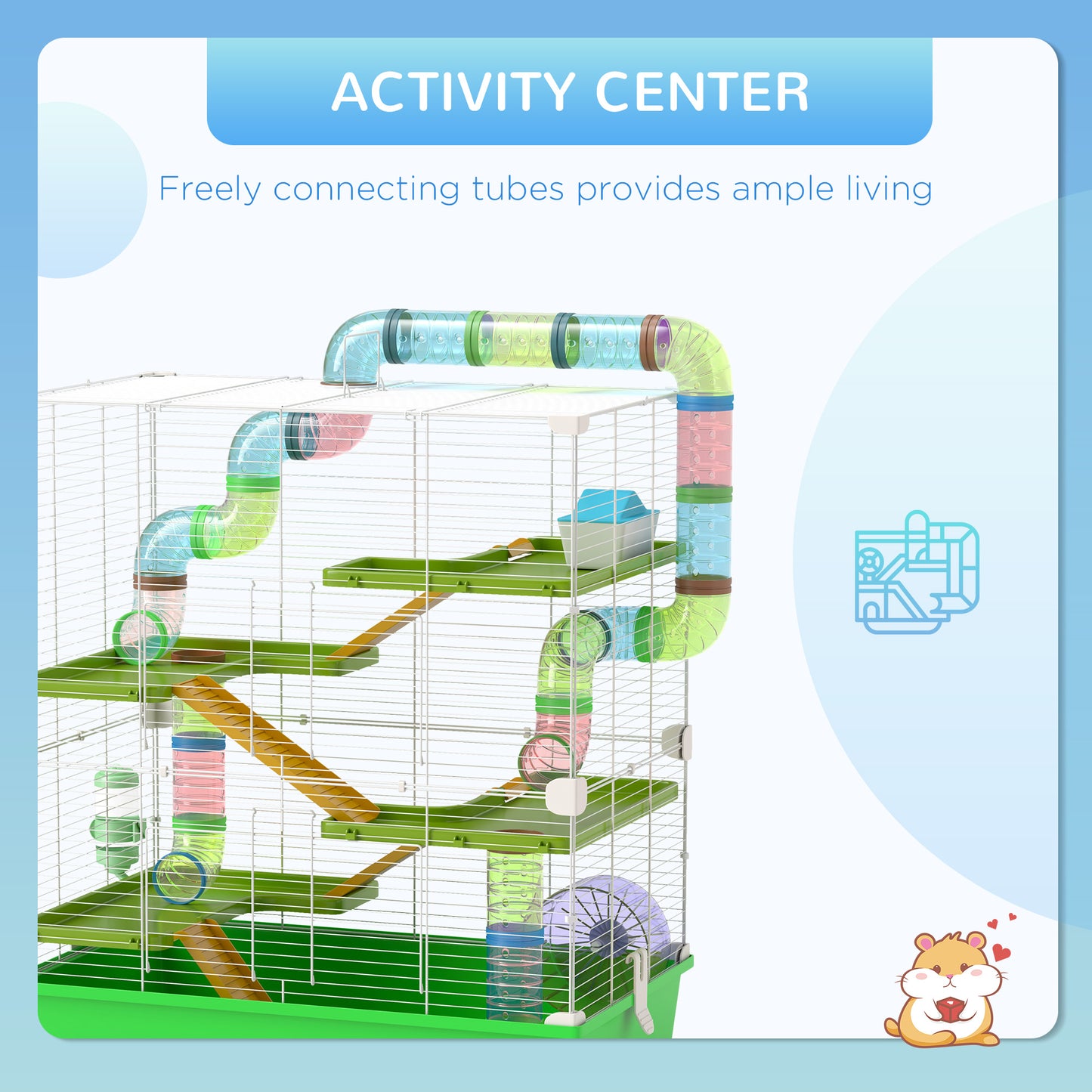 PawHut Spacious Hamster Habitat with Water Bottle, Exercise Wheel, and Fun Tubes - Green - ALL4U RETAILER LTD