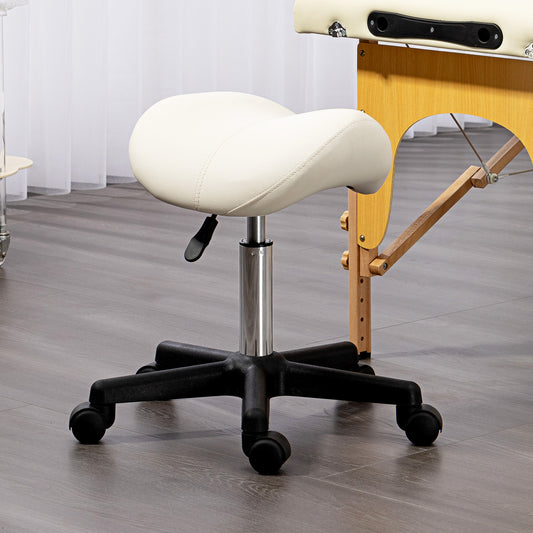 HOMCOM Adjustable White PU Leather Salon Saddle Stool with Rolling Wheels for Beauty and Tattoo Professionals - ALL4U RETAILER LTD