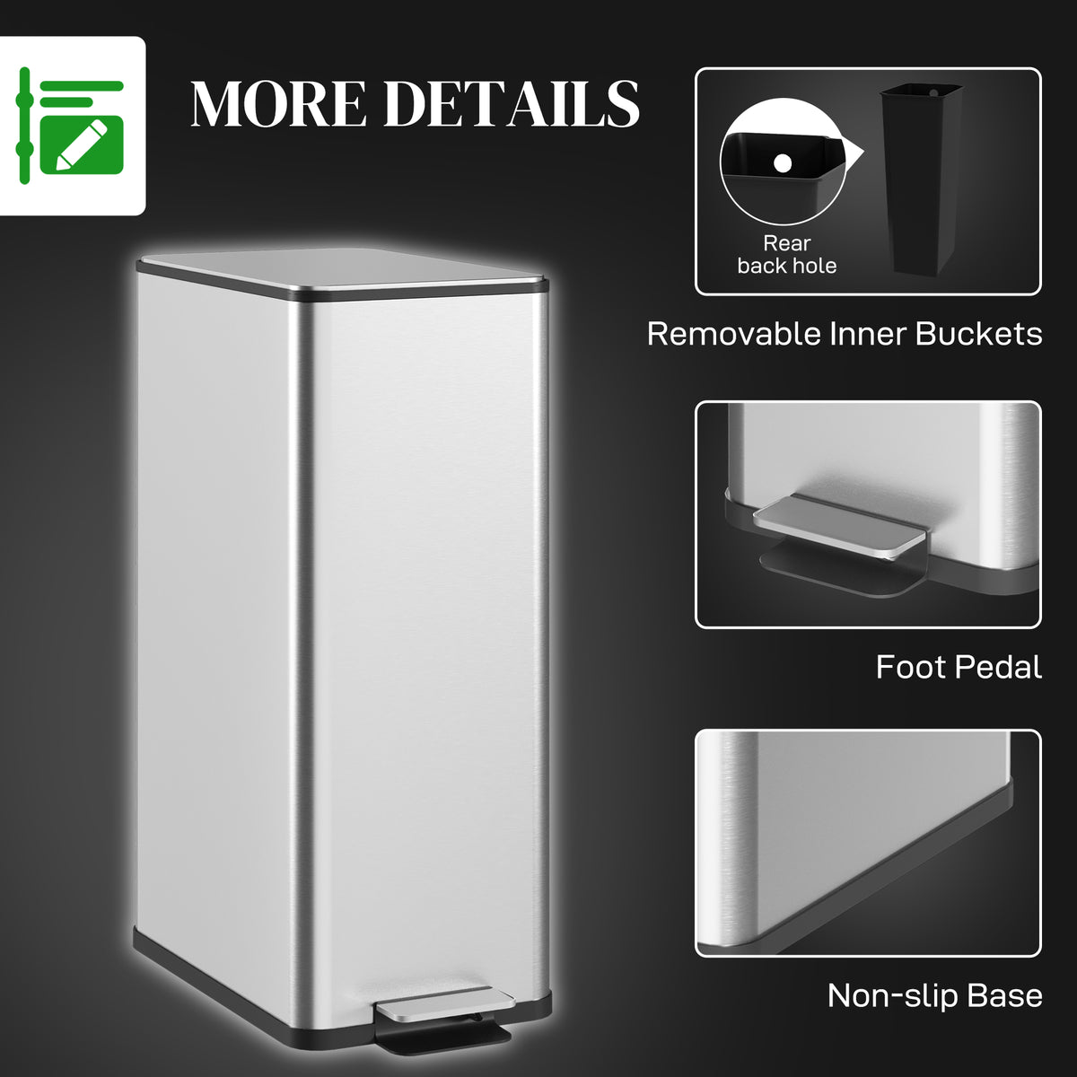 Stainless steel pedal trash can with removable inner bucket and non-slip base