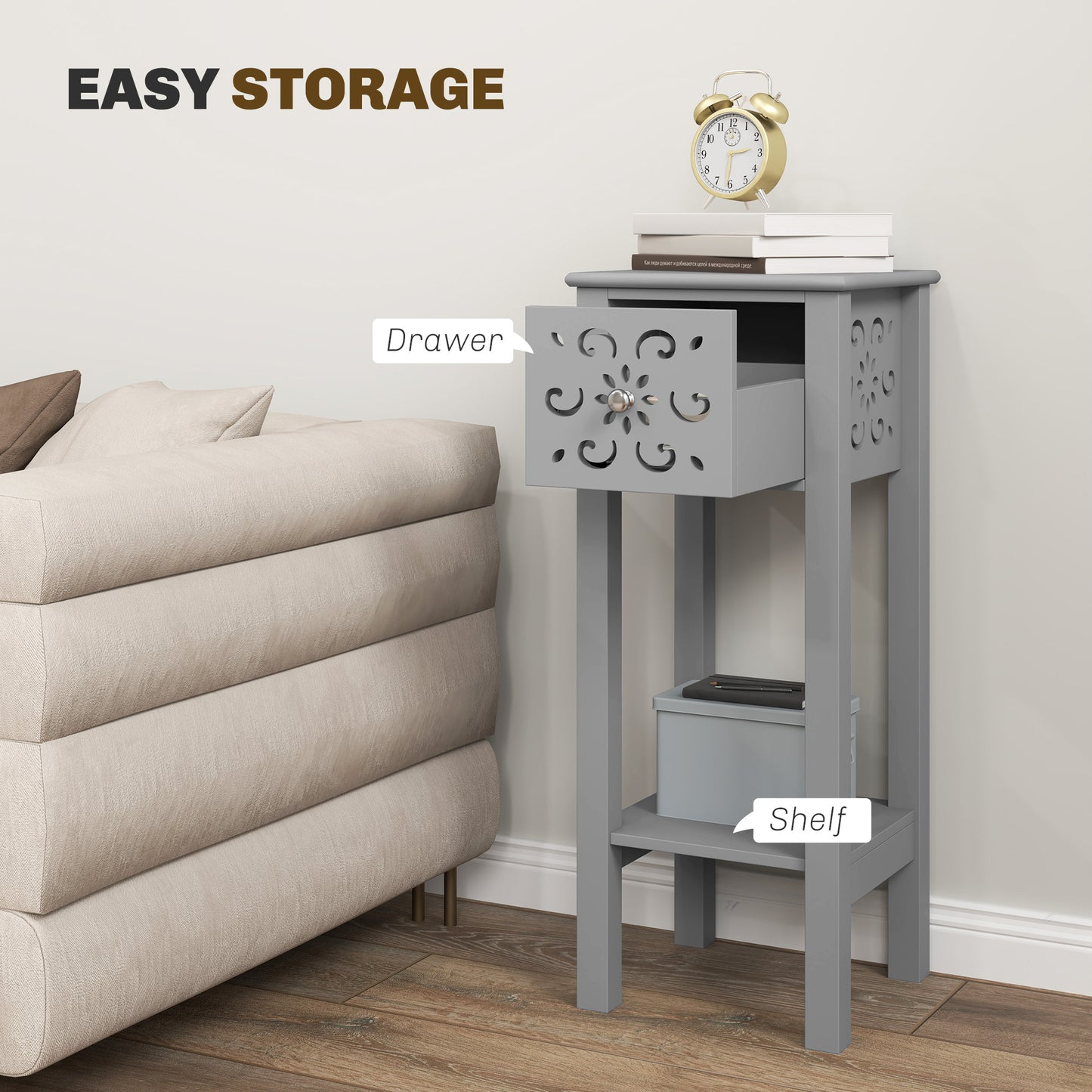 Homcom Set Of Two Elegant Floral Cutout Grey Side Tables With Drawers And Shelves For Living Room