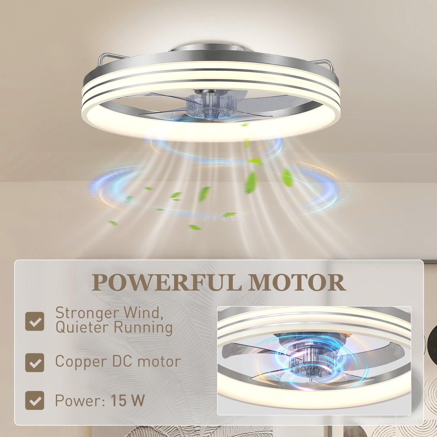 HOMCOM Ceiling Fans With Lights Remote App Control 50cm LED Ceiling Fan Light 3 Colour Temperatures 6 Speed Silver