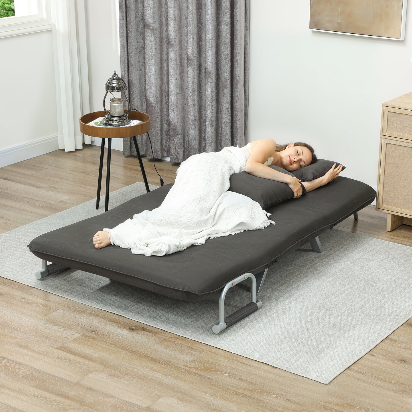 HOMCOM Two Seater Click Clack Sofa Bed Charcoal Grey Faux Suede Upholstery With Five Position Adjustable Back