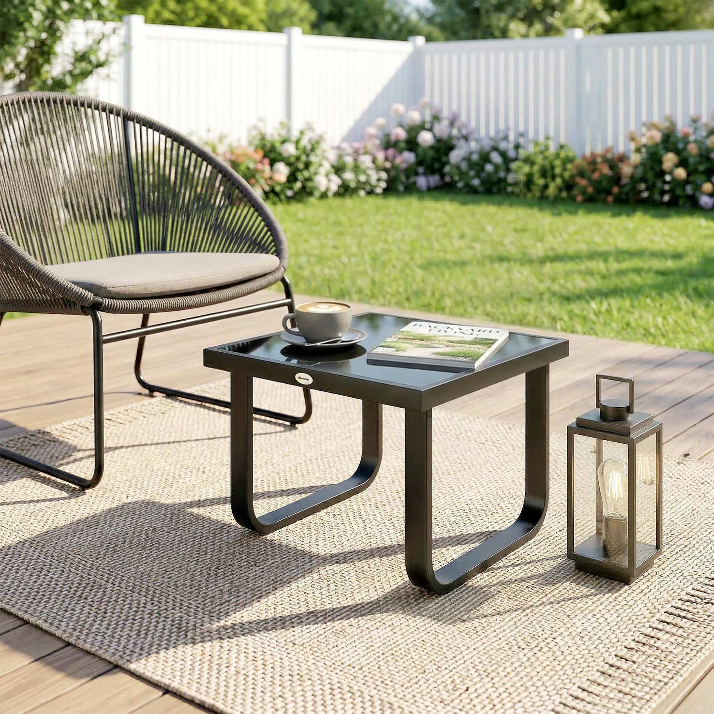 Outsunny Outdoor Garden Coffee Table With Rectangular Tempered Glass Top And Adjustable Foot Pads