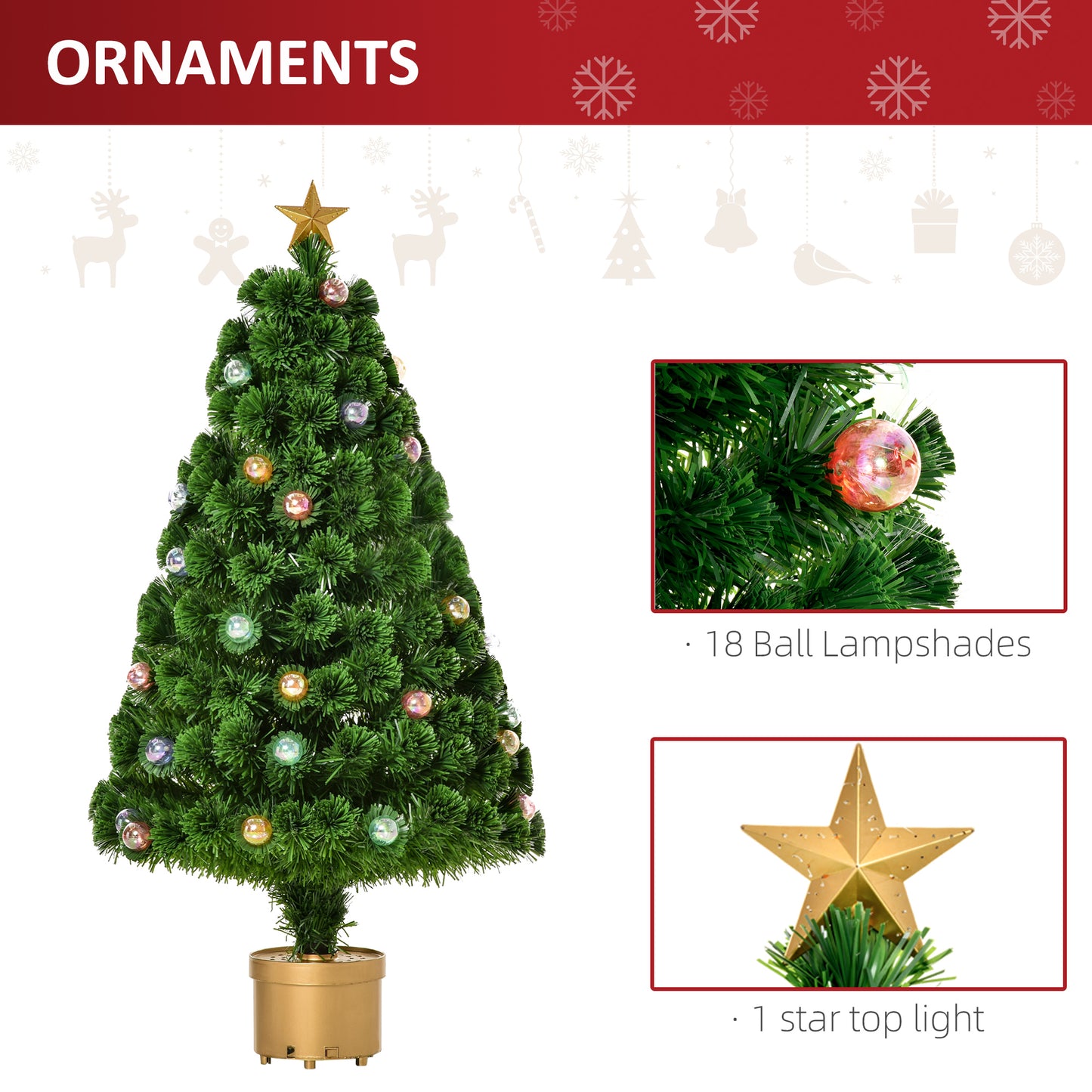 HOMCOM 4FT Illuminated Fiber Optic Christmas Tree with Golden Stand – Festive Indoor Holiday Decoration in Green - ALL4U RETAILER LTD