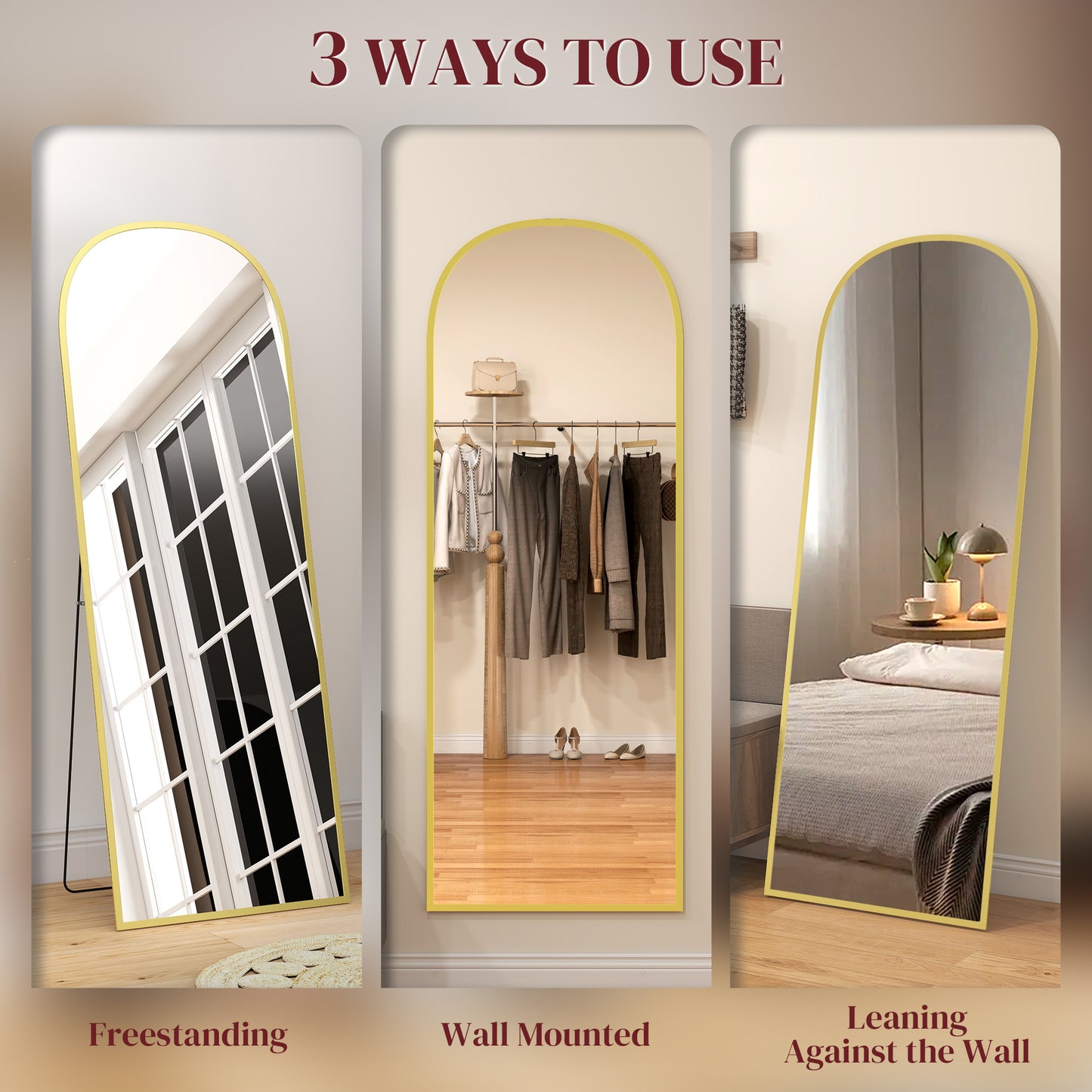 HOMCOM 165cm Aluminium Frame Standing Mirror Gold With Two Way Use And Wall Mount Option Full Length Floor Mirror