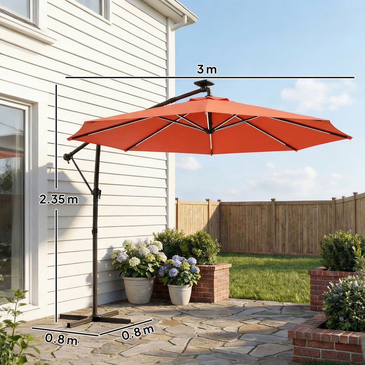 Outsunny 3 m Cantilever Garden Parasol With LED Solar Lights Round Umbrella 360 Degree Rotation Cover Orange