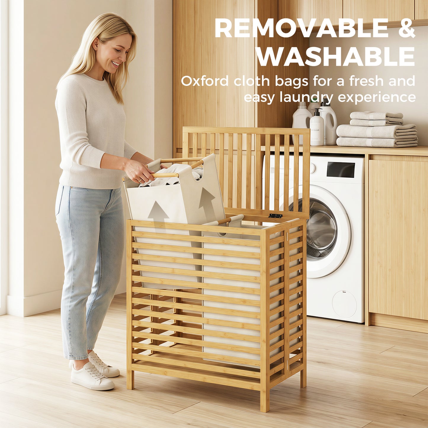HOMCOM Bamboo Laundry Basket With Lid Two Baskets Foldable 64L Two 32L Bags Natural Cream White