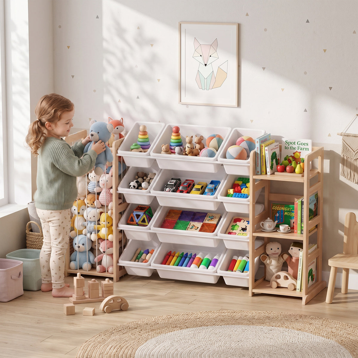 AIYAPLAY wooden toy organizer with white bins and open shelves for books and toys