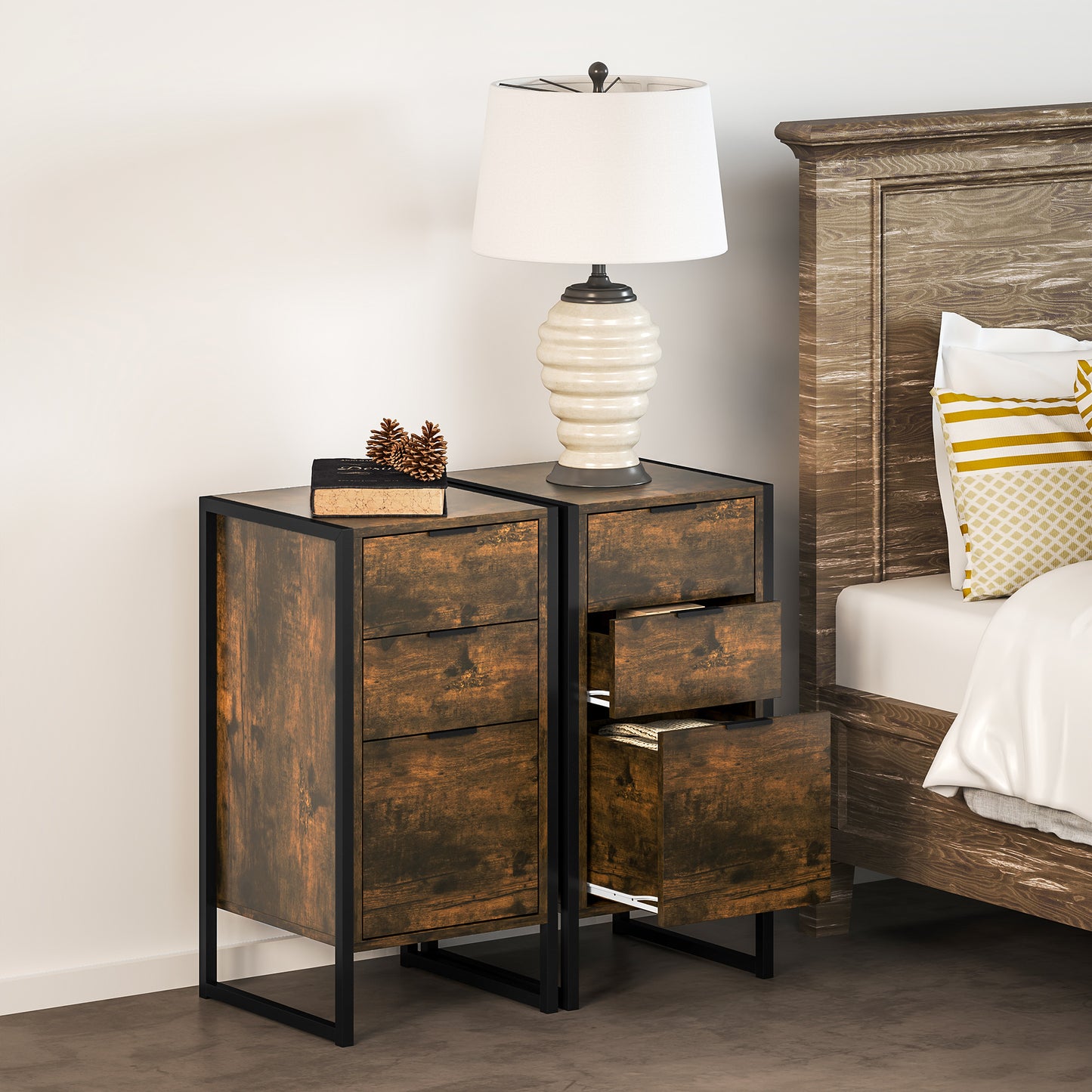 HOMCOM Set Of 2 Industrial Bedroom Chest Of Drawers With Metal Frame 3 Drawer Dresser In Rustic Brown