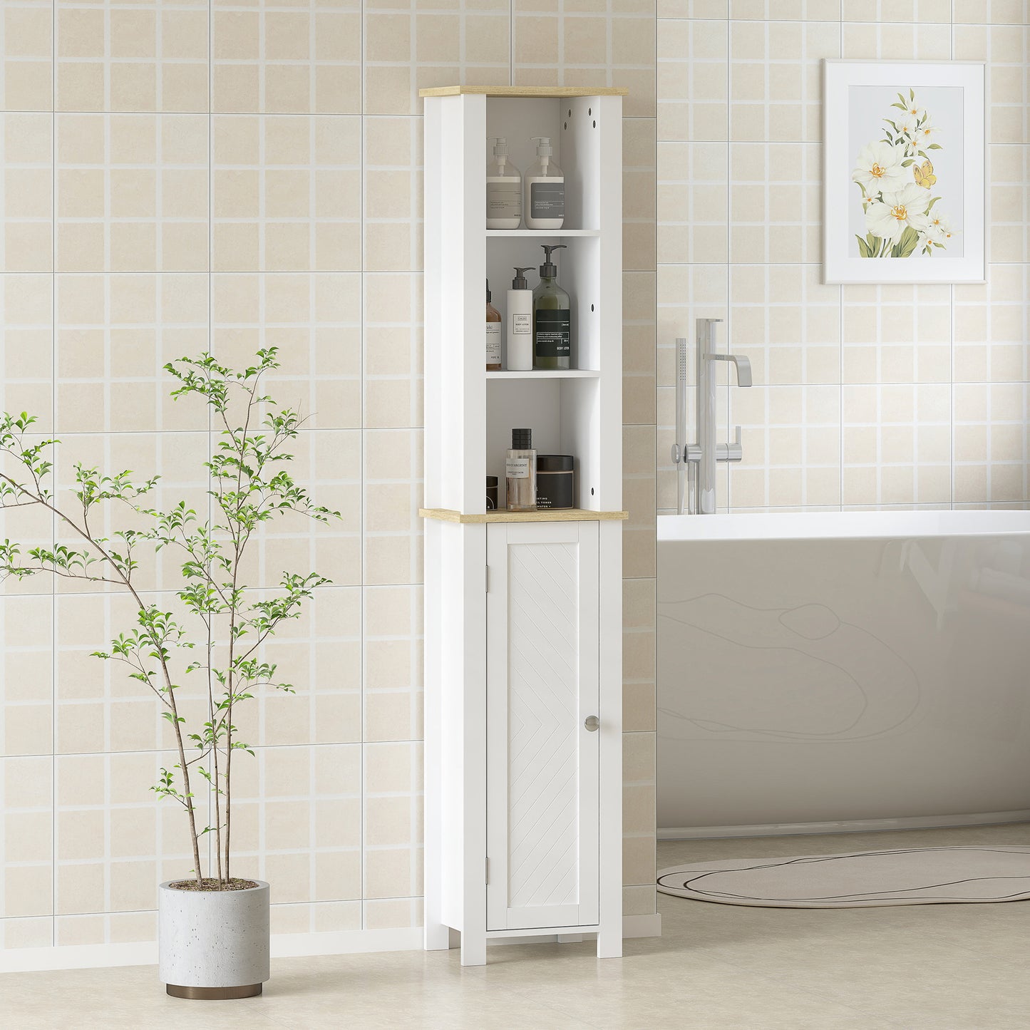 Kleankin Slim Bathroom Storage Cabinet With Three Open Compartments And Adjustable Shelves White 34 x 23 x 165 Cm