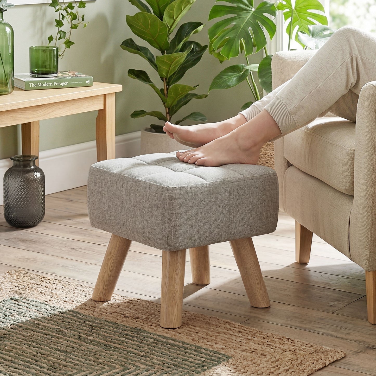 HOMCOM Linen Look Square Padded Footstool With Tufted Top And Wooden Legs Light Brown