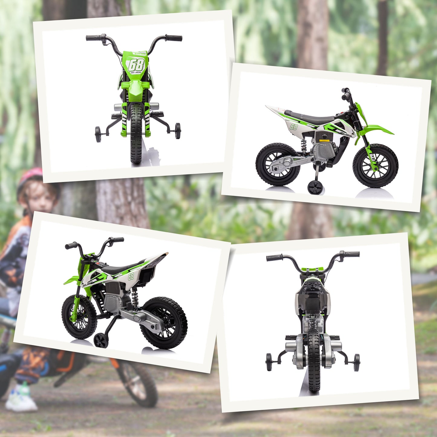 AIYAPLAY 12V Electric Kids Motorcycle with Training Wheels and Music - Green