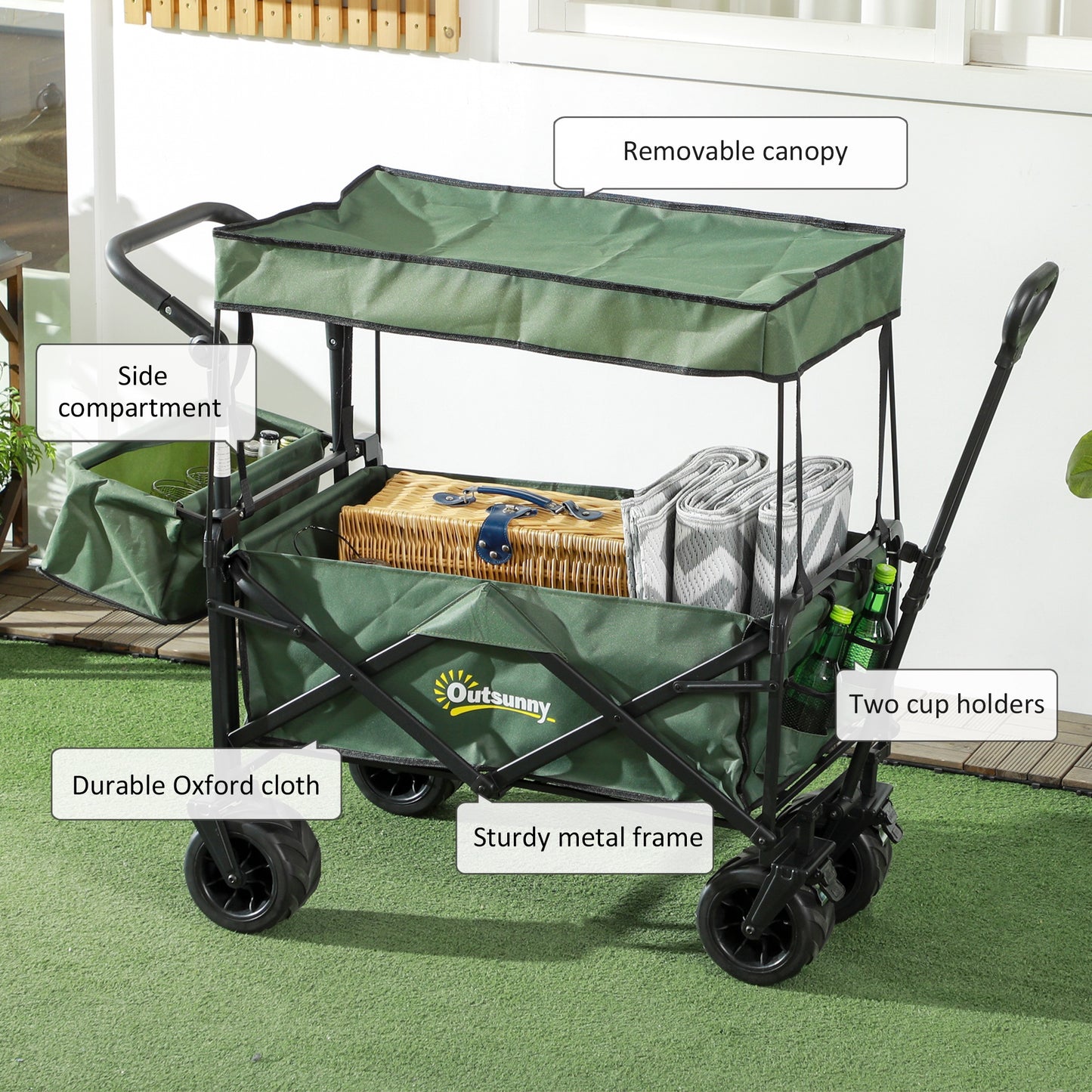 Outsunny Multipurpose Folding Beach Trolley Cart with Canopy and 4 Wheels for Easy Transport - Green - ALL4U RETAILER LTD