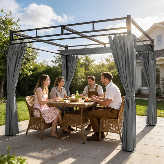 Outsunny 3x3 m Pergola With Retractable Roof Canopy And Curtains UPF30+ Metal Frame Garden Gazebo Sun Shade Dark Grey