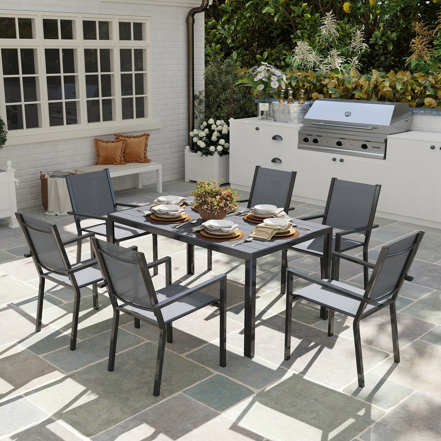 Outsunny 7 Piece Garden Dining Set With 6 Stackable Chairs And 150 Cm WPC Slatted Table Rust Resistant Steel Frame