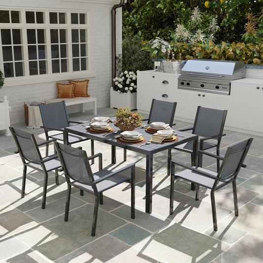 Outsunny 7 Piece Garden Dining Set With 6 Stackable Chairs And 150 Cm WPC Slatted Table Rust Resistant Steel Frame
