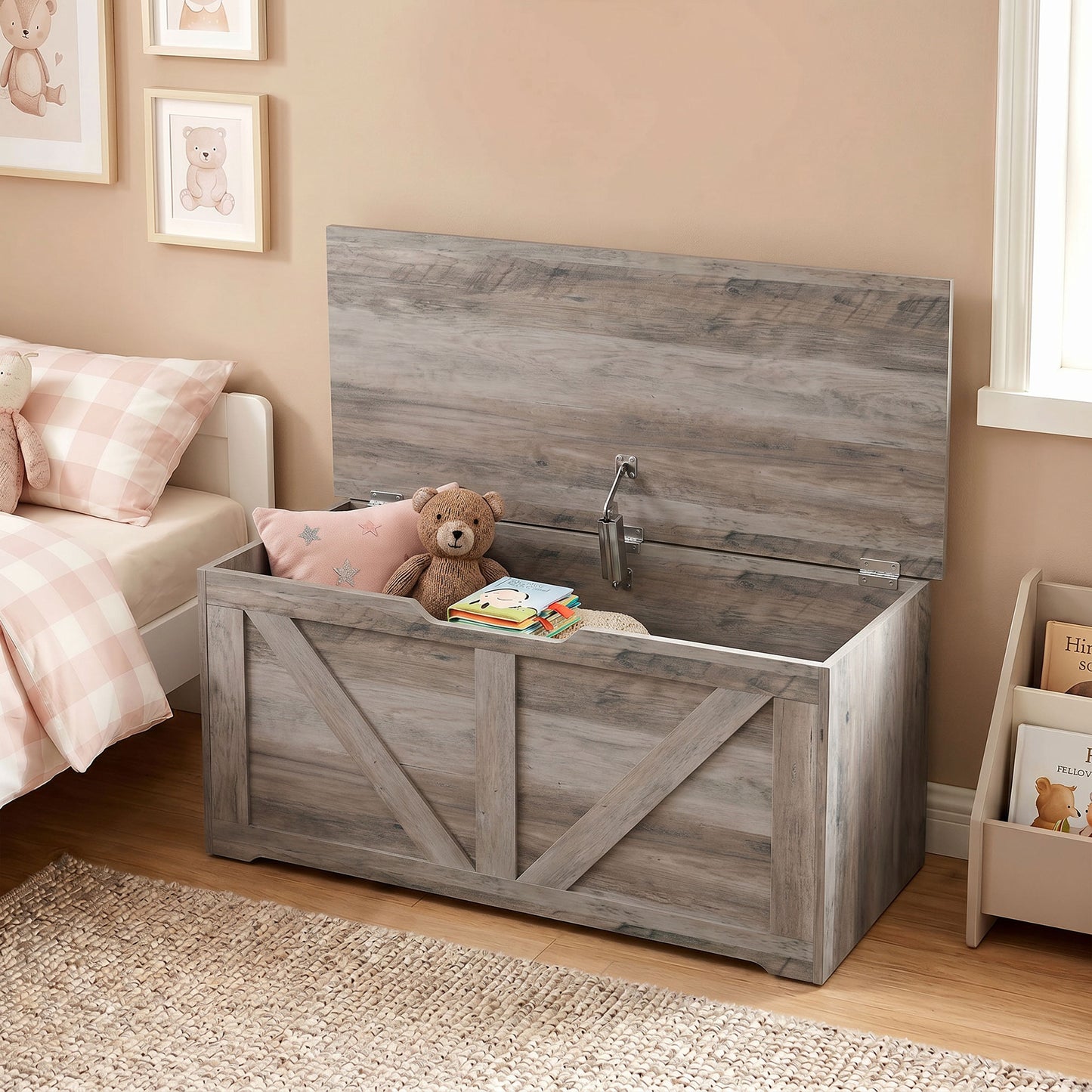 HOMCOM 100L Home Storage Box With Safety Hinge Grey Wood Effect Bench Seat For Living Room