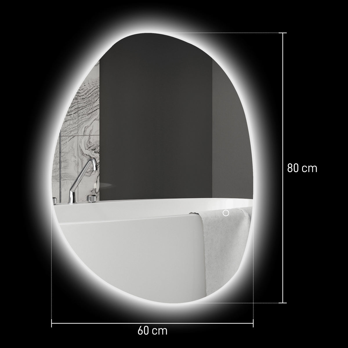 Oval LED bathroom mirror with glowing edge, 80x60 cm size