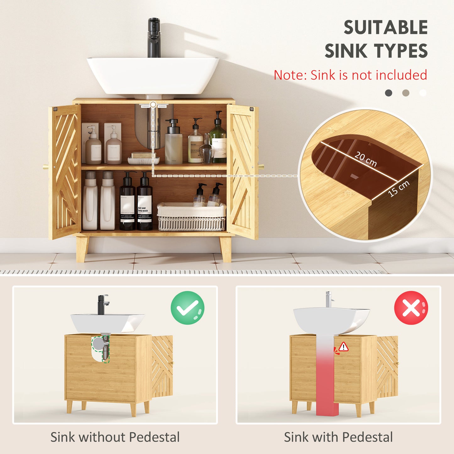 HOMCOM Bamboo Bathroom Under Sink Cabinet With Adjustable Shelf For Basin Without Pedestal Natural