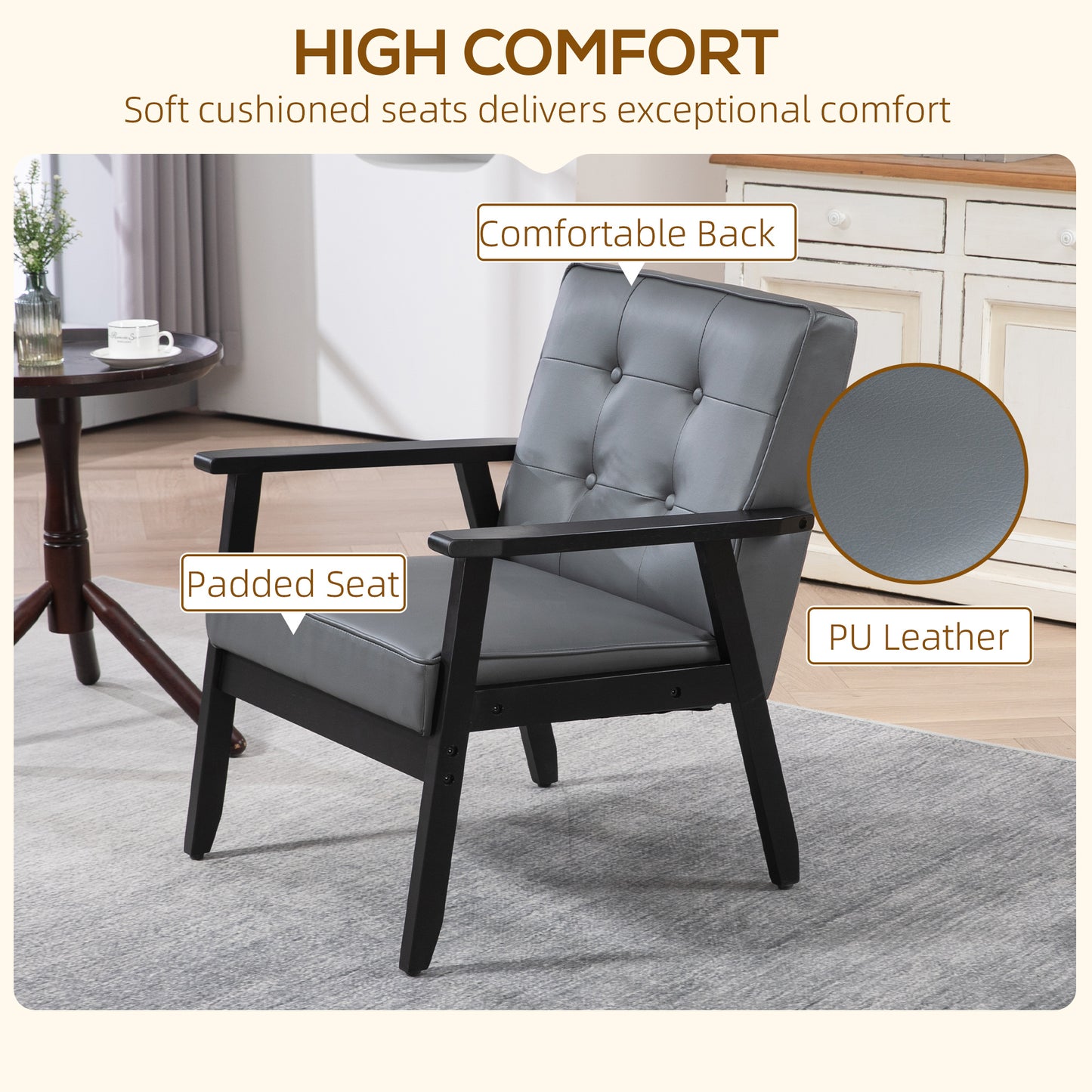 HOMCOM Accent Chair PU Leather Armchair Occasional Chair Beech Wood Frame Living Room Reception Bedroom Balcony Grey Black - ALL4U RETAILER LTD