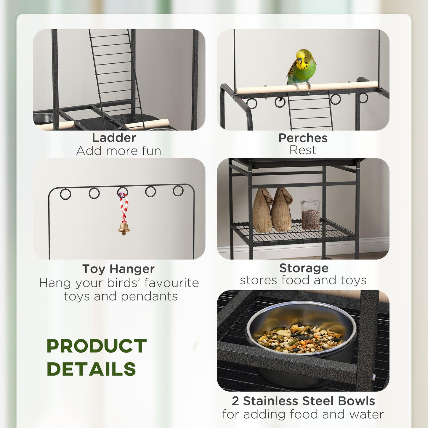 PawHut Steel Bird Table, Bird Feeder stand, with Perches, Stainless Steel Feed Bowls, Trays - Dark Grey - ALL4U RETAILER LTD