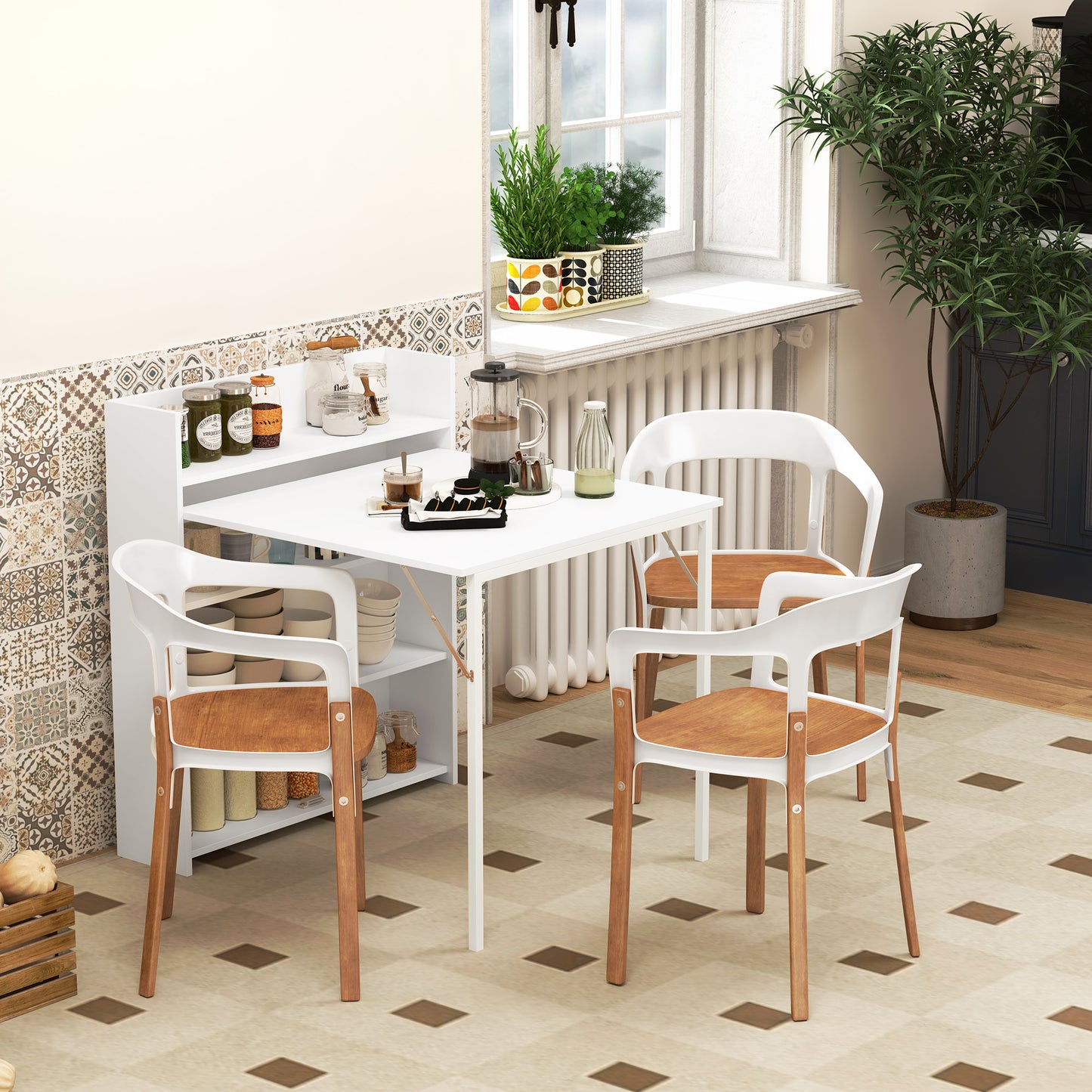 HOMCOM Extendable Folding Dining Table With 4 Tier Shelves Drop Leaf Kitchen Table White