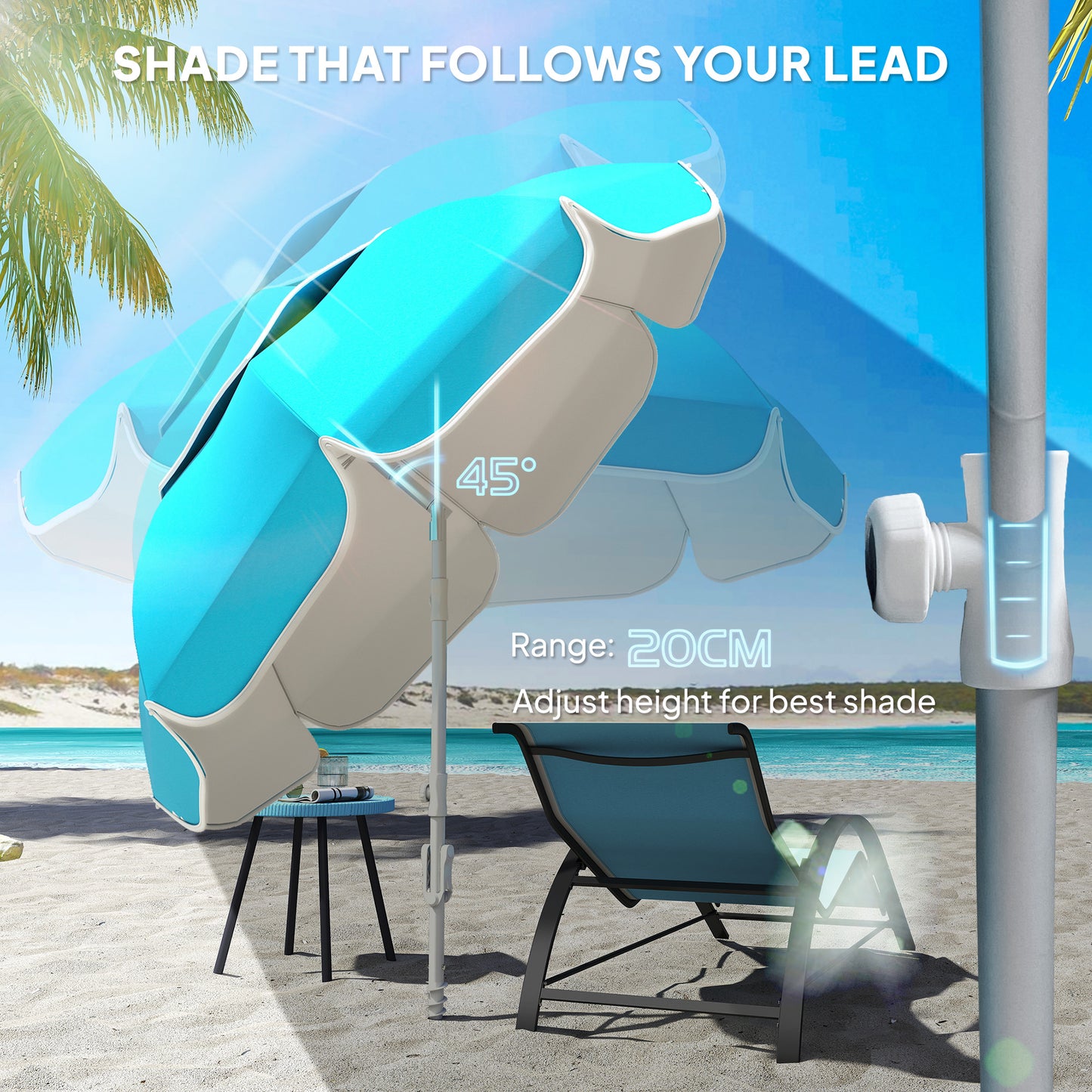 Outsunny Beach Umbrella Portable With Sand Anchor Carry Bag Adjustable Height And Tilt UPF50 Plus UV Protection Blue