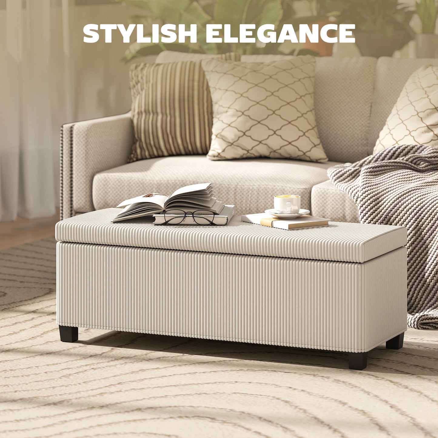 HOMCOM Corduroy Storage Ottoman Bench With Wooden Legs 112cm Bed End Bench Beige For Living Room Bedroom