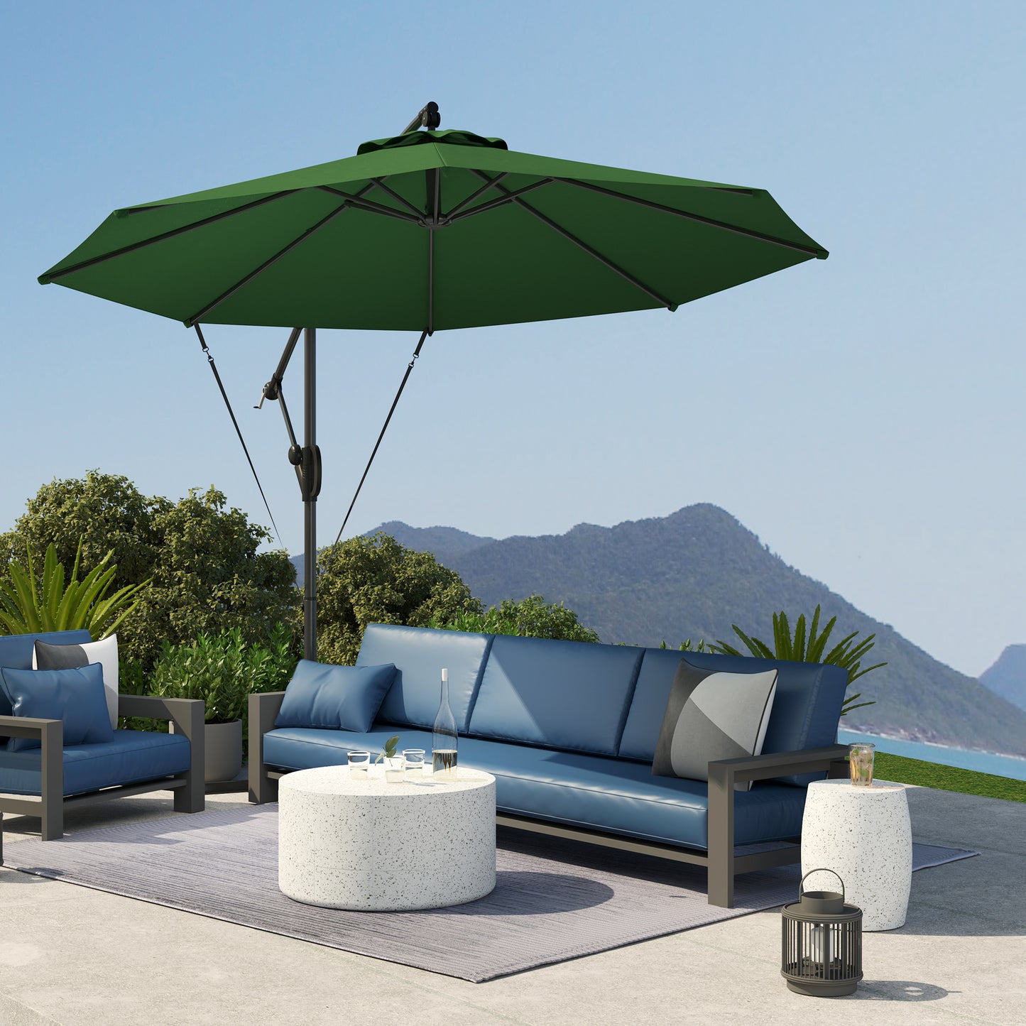Outsunny 3m Cantilever Parasol With Cover And Wind Straps Banana Patio Umbrella Crank Tilt UPF50Plus Green