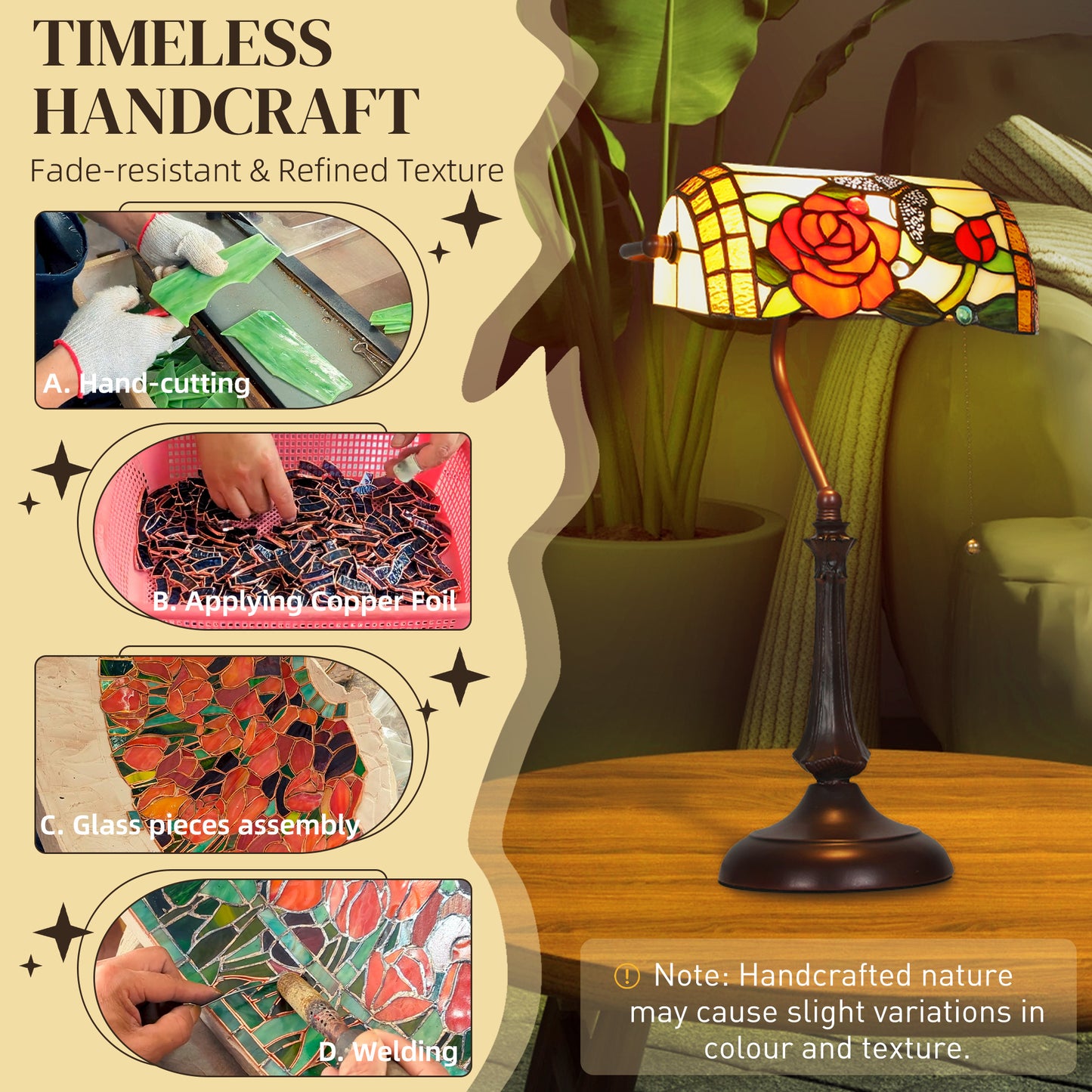HOMCOM Tiffany Style Rose and Butterfly Table Lamp Multicolored Handmade Glass Shade