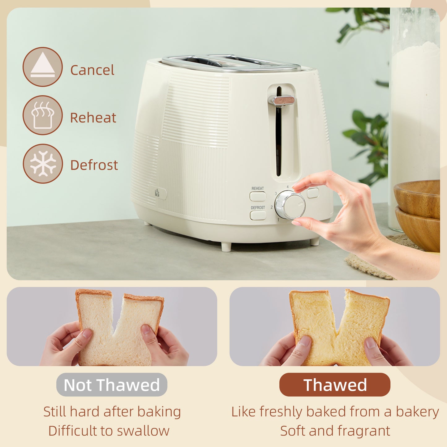 HOMCOM Cream Kettle And Toaster Set 1.7L 3000W Fast Boil Kettle With 7 Level Browning Defrost Reheat Auto Shutoff