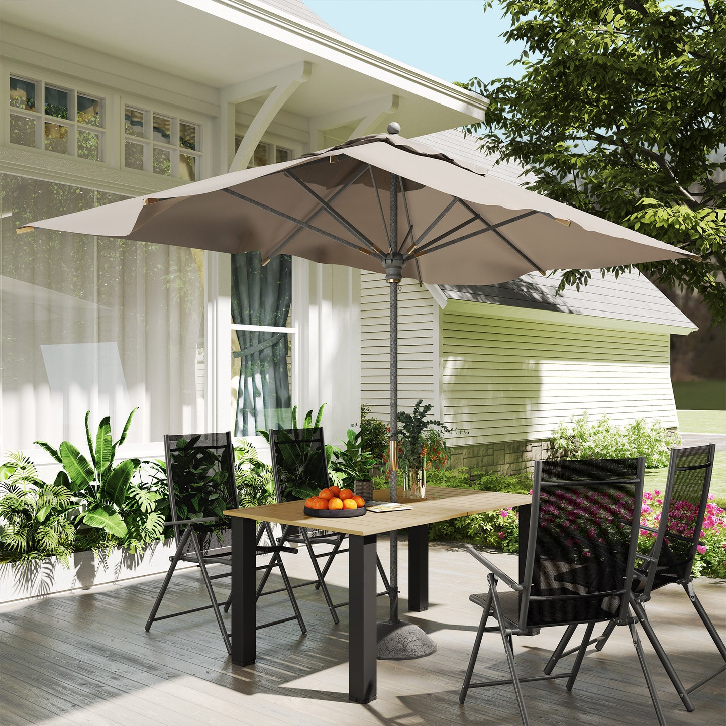 Outsunny Outdoor Rectangle Garden Dining Table For Six With Parasol Hole Slatted Metal Top And Steel Frame Brown
