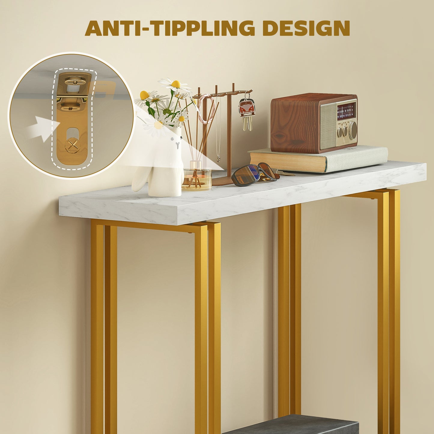 HOMCOM 100 cm Console Table With Faux Marble Top Narrow Entryway Table Anti-Tipping Device White