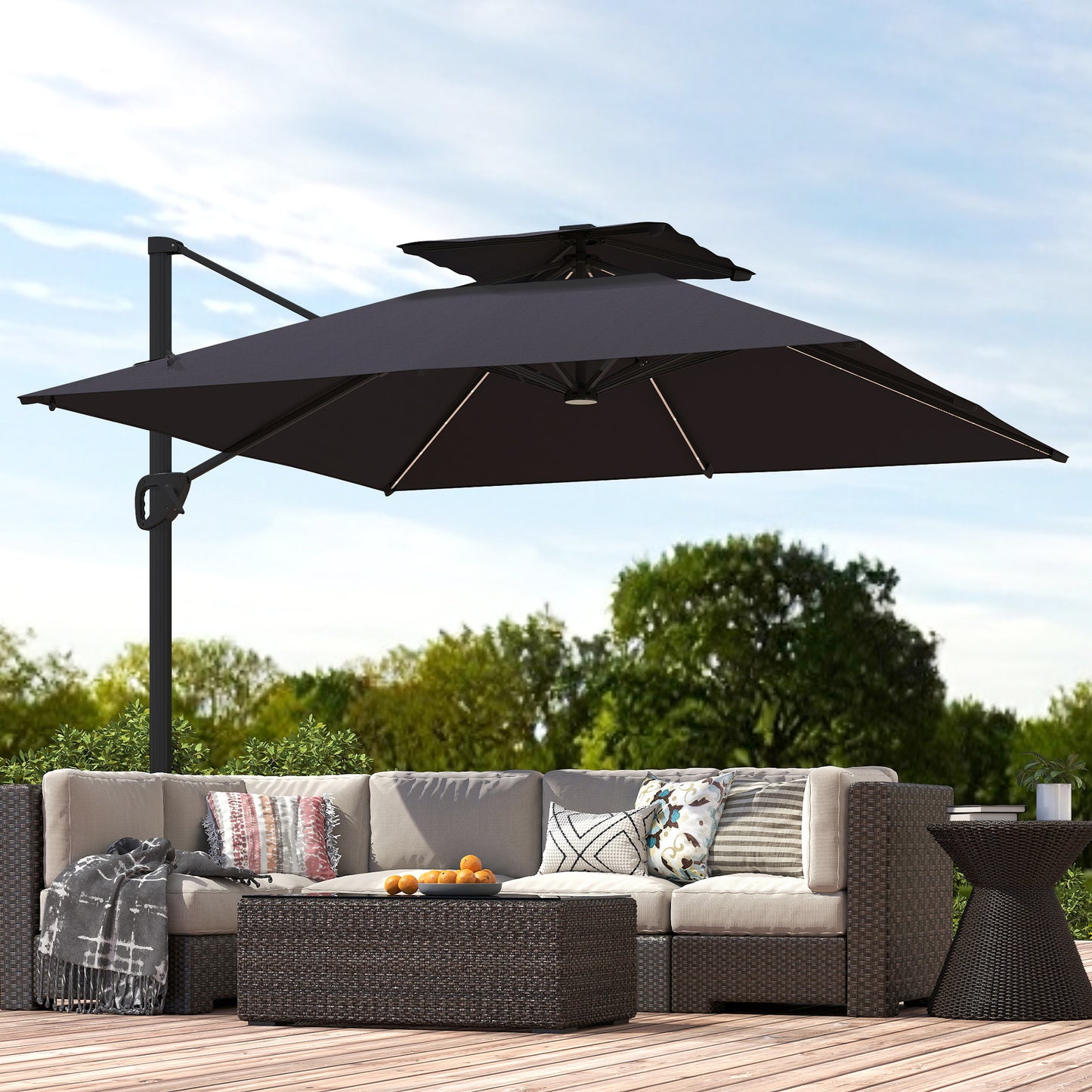 Outsunny Solar Powered LED Light Parasol Umbrella With Tilt And 360 Degree Swivel Black For Outdoor Use