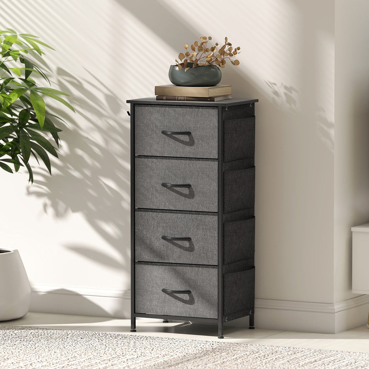 HOMCOM Four-Drawer Fabric Chest Of Drawers In Charcoal Grey With Steel X-Frame And Side Pockets