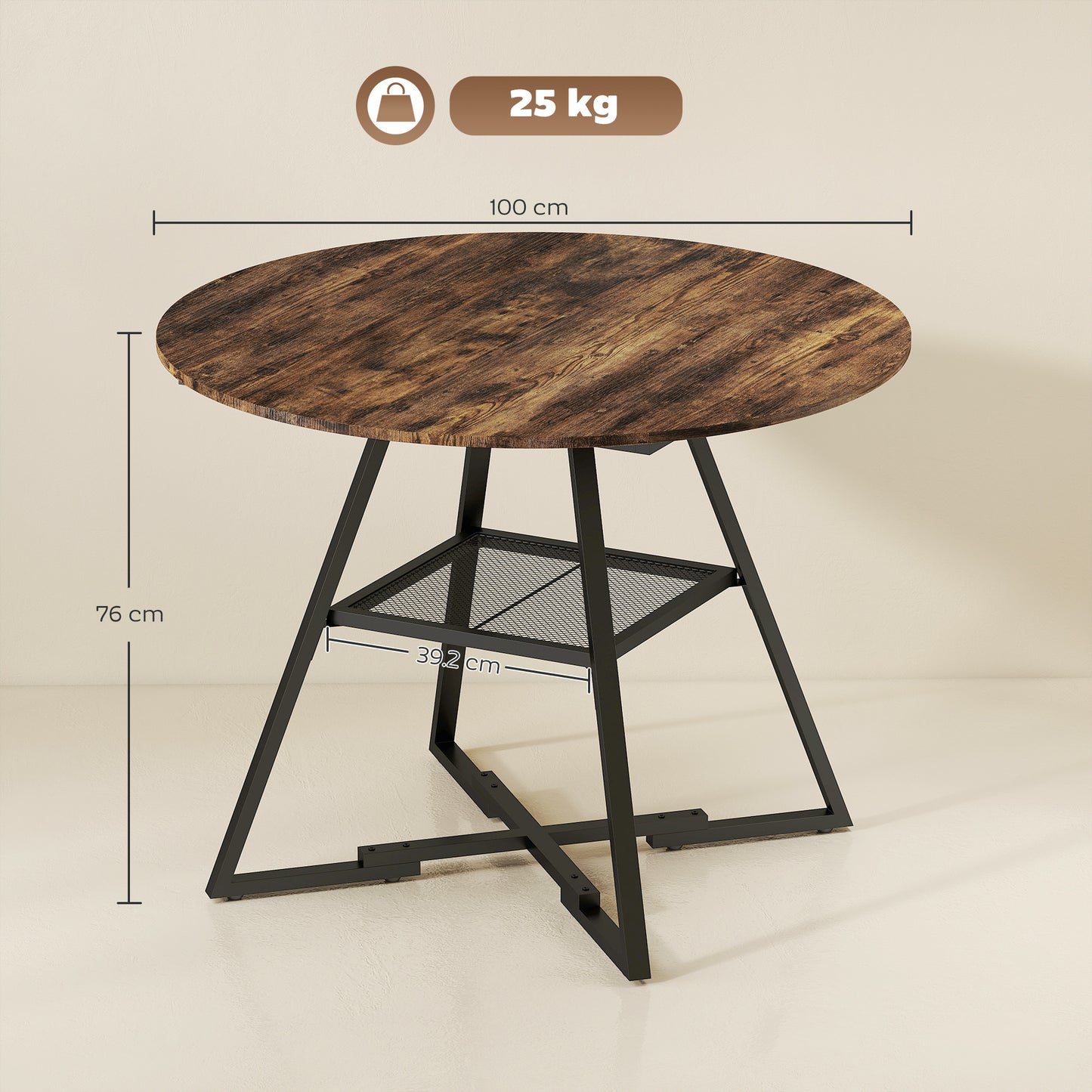 HOMCOM Round Dining Table 100 Cm Seats 4 With Storage Shelf Rustic Brown Industrial Design