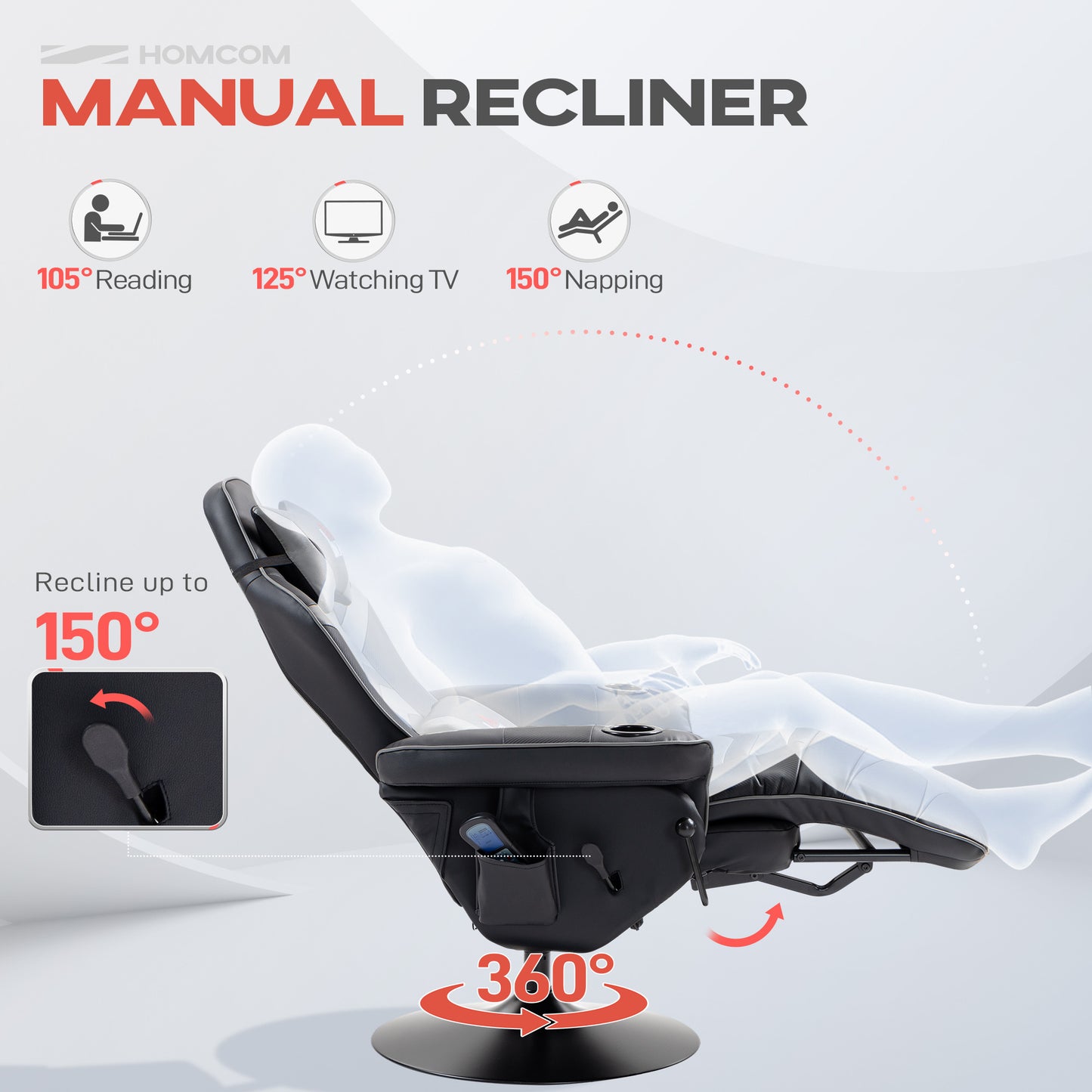 HOMCOM Small Leather Massage Recliner Chair With Ergonomic High Back Headrest And Retractable Footrest Grey