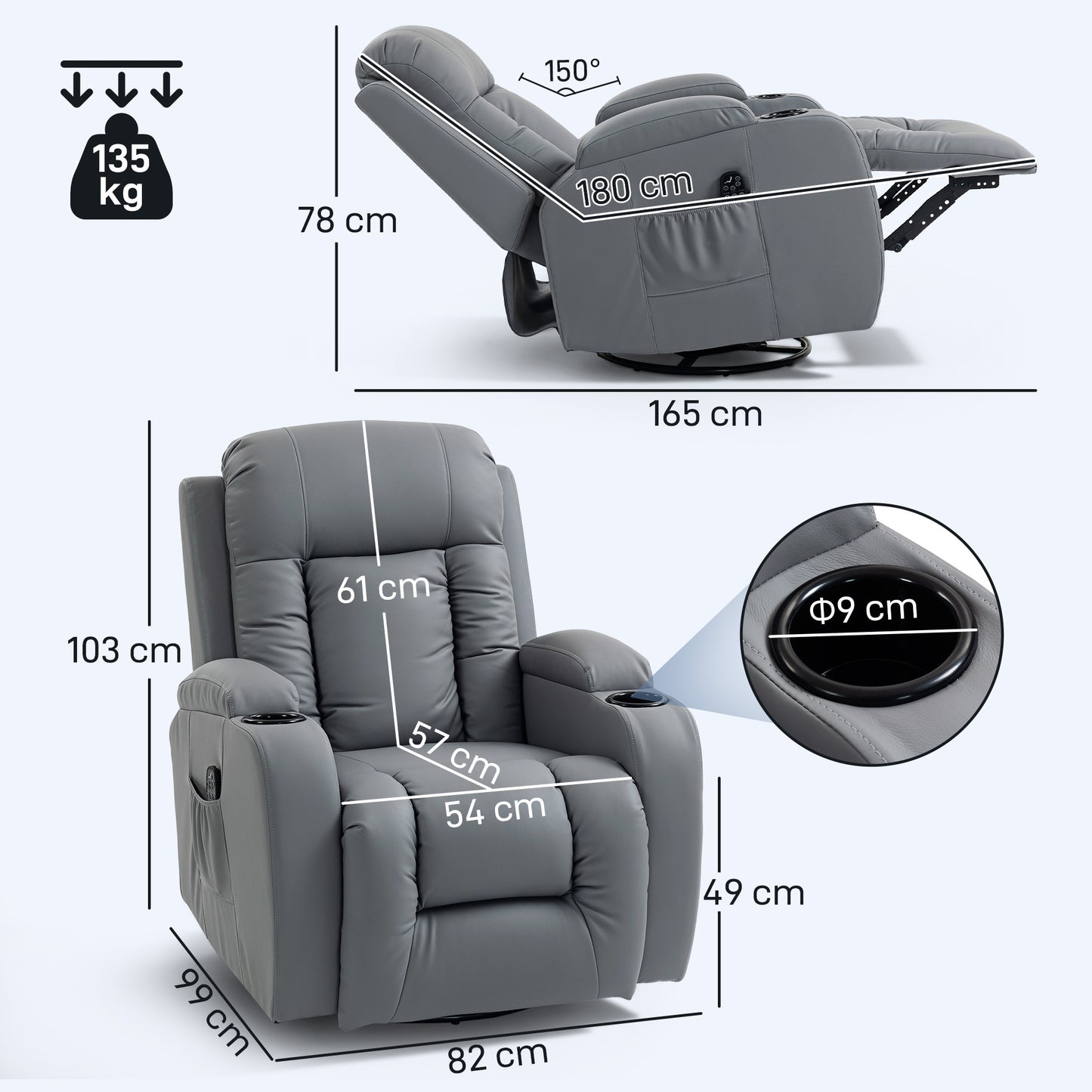 HOMCOM Massage Recliner Grey PU Leather With Eight Point Massage In Four Zones For Back Lumbar Heating Thighs And Legs