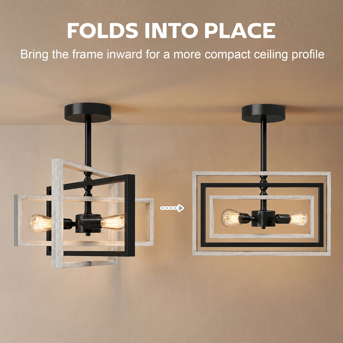 Adjustable industrial ceiling light folding frame between compact and expanded profiles