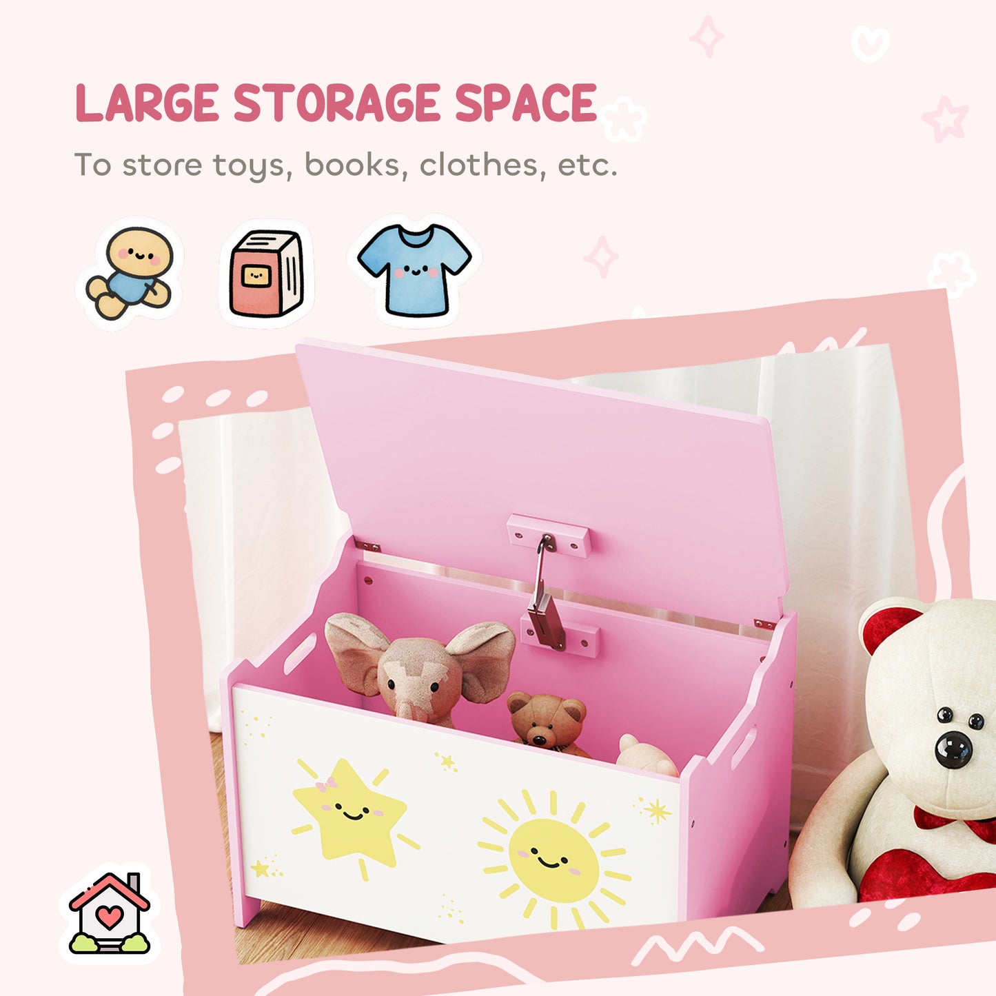 AIYAPLAY Toy Box Lid Safety Hinges Groove Handles Pink Living Room Playroom Storage Organizer For Toys Books Clothes