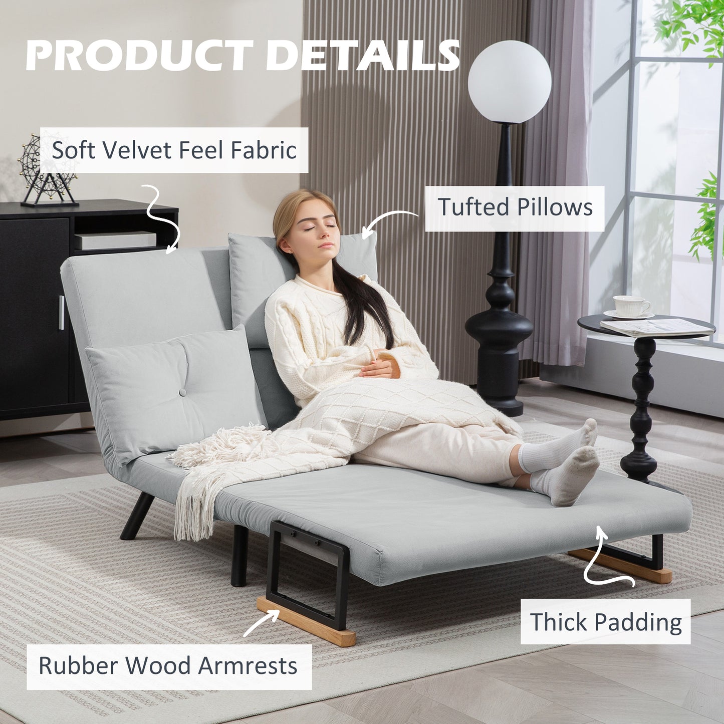 HOMCOM 4 in 1 Velvet Feel Double Sofa Bed With Pillows In Light Grey Steel Frame Five Position Back Thick Foam Padding