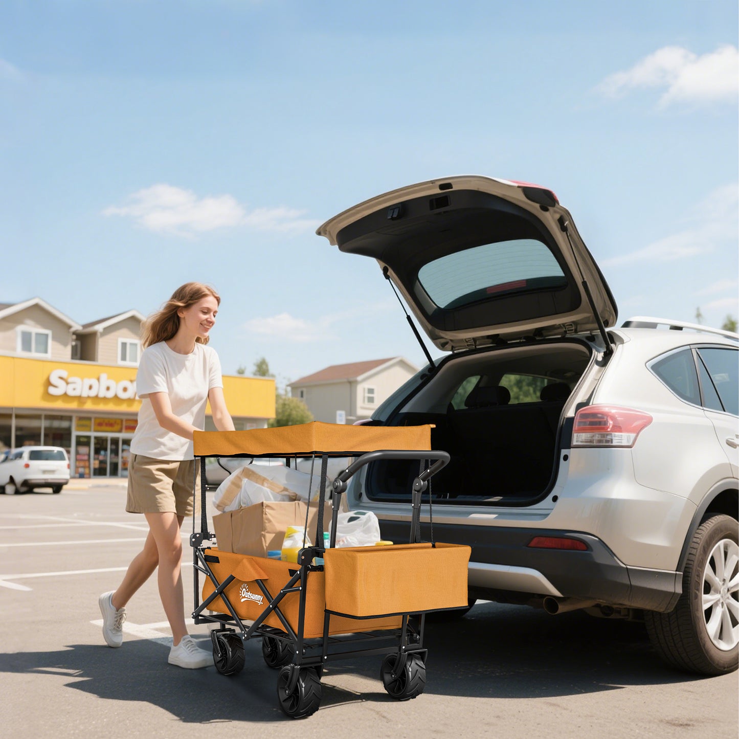 Outsunny 120L Folding Camping Trolley Cart With Removable Canopy Terrain Wheels Adjustable Handle Push Or Pull Orange