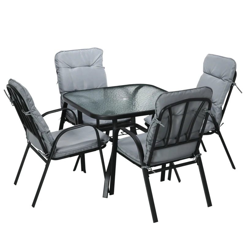 Outsunny 5-Piece Outdoor Square Garden Dining Set with Tempered Glass Dining Table, 4 Cushioned Armchairs, Umbrella Hole - Grey - ALL4U RETAILER LTD