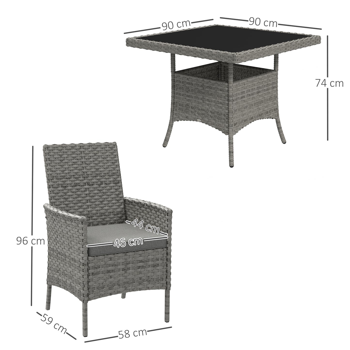 Outsunny Rattan Garden Furniture Set 4 Seater Outdoor Dining Table And Chairs With Cushions Grey Square Glass Top