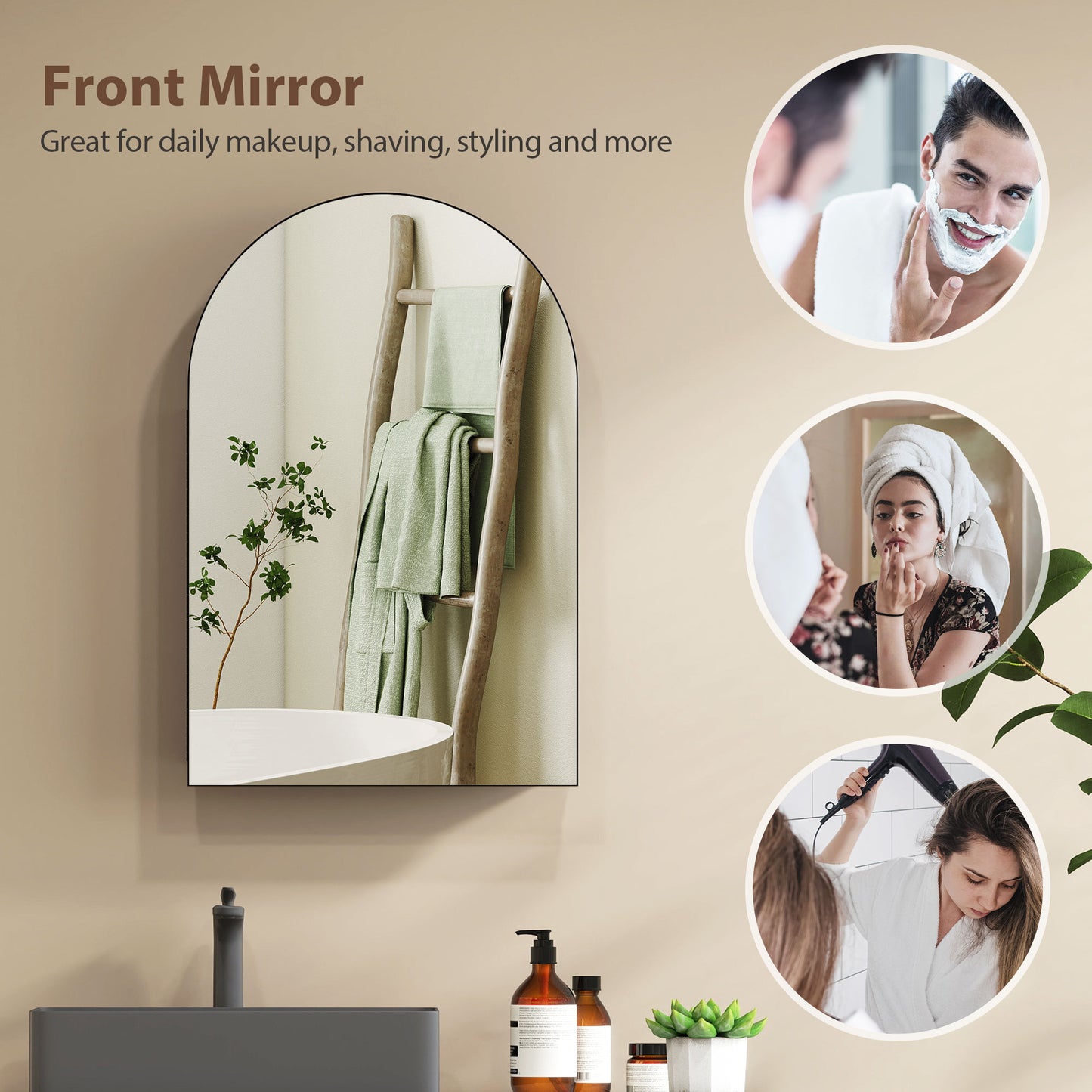 HOMCOM Arched Wall Mounted Bathroom Mirror Cabinet With Storage Shelves Black Finish Fully Assembled