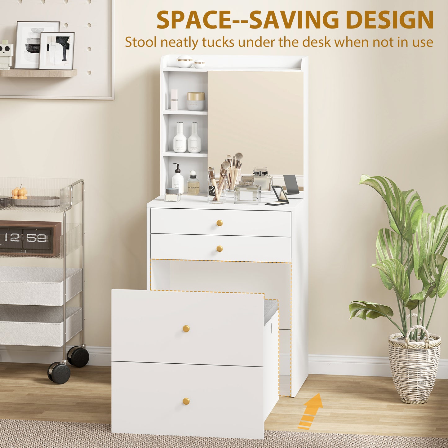 HOMCOM Dressing Table With Mirror And Storage Stool Compact Vanity Table With Cabinet Drawers And Open Shelves White